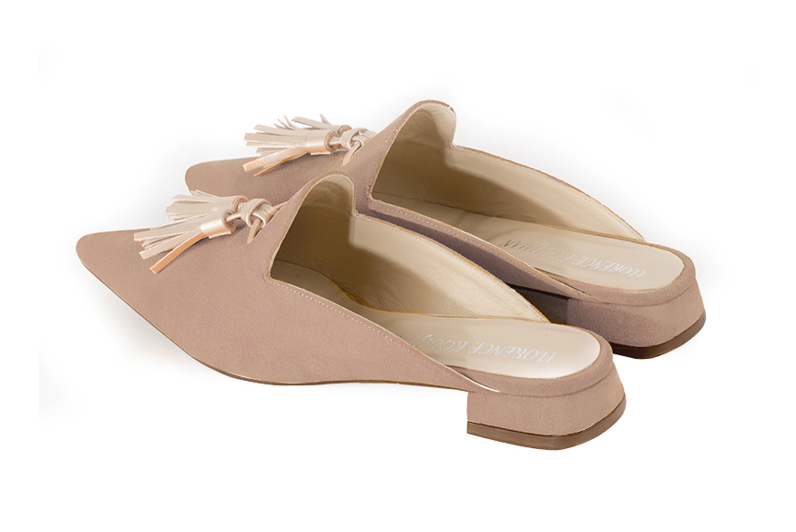 Biscuit beige and gold women's loafer mules. Pointed toe. Flat flare heels. Rear view - Florence KOOIJMAN